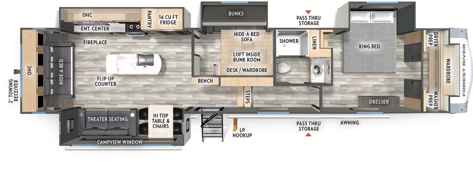 The Wildcat Fifth Wheels 36MB floorplan has one entry and four slide outs. Exterior features include: fiberglass exterior and 19' & 11' awning. Interiors features include: bunk beds, loft, kitchen island, front bedroom and rear living.